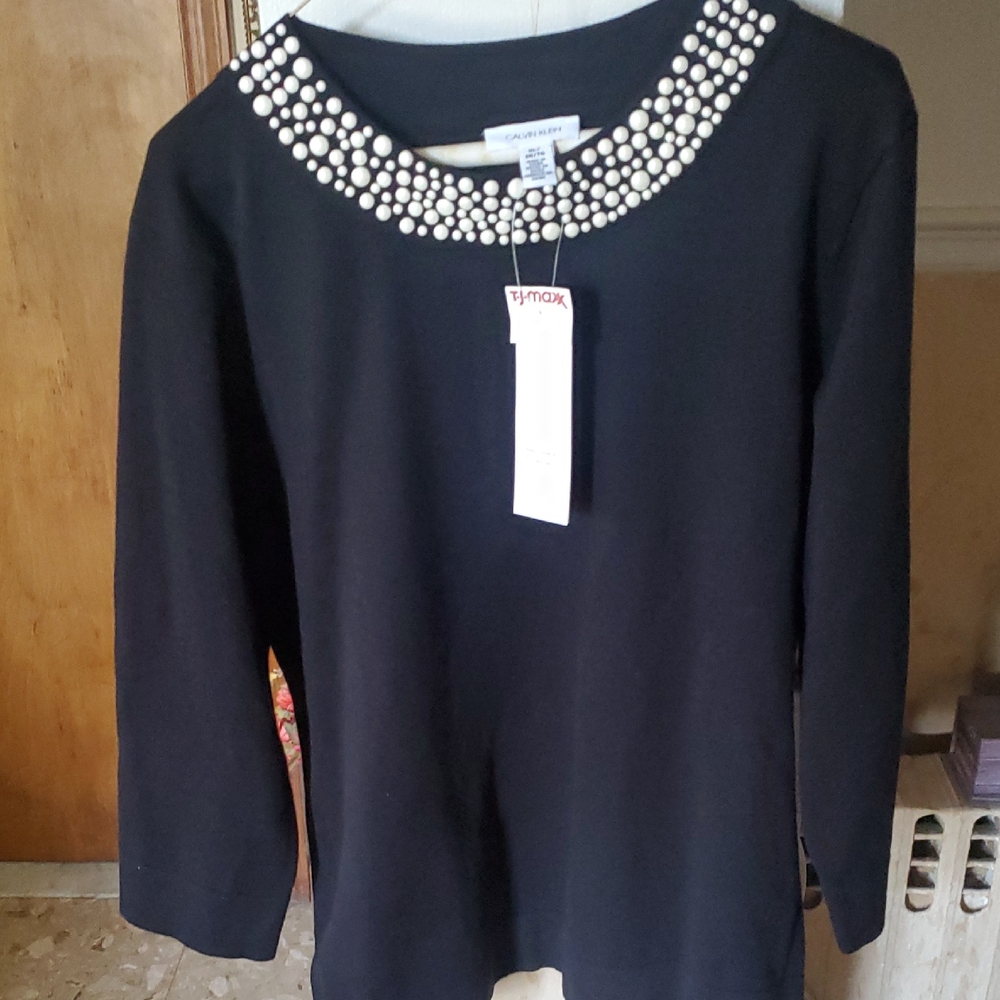 Calvin Klein Black Pearl-Trim Long Sleeve Crewneck Top